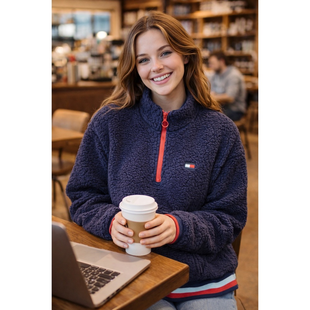 Tommy Hilfiger‎ Sport Sherpa Fleece 1/4 Zip Pullover Navy Womens M